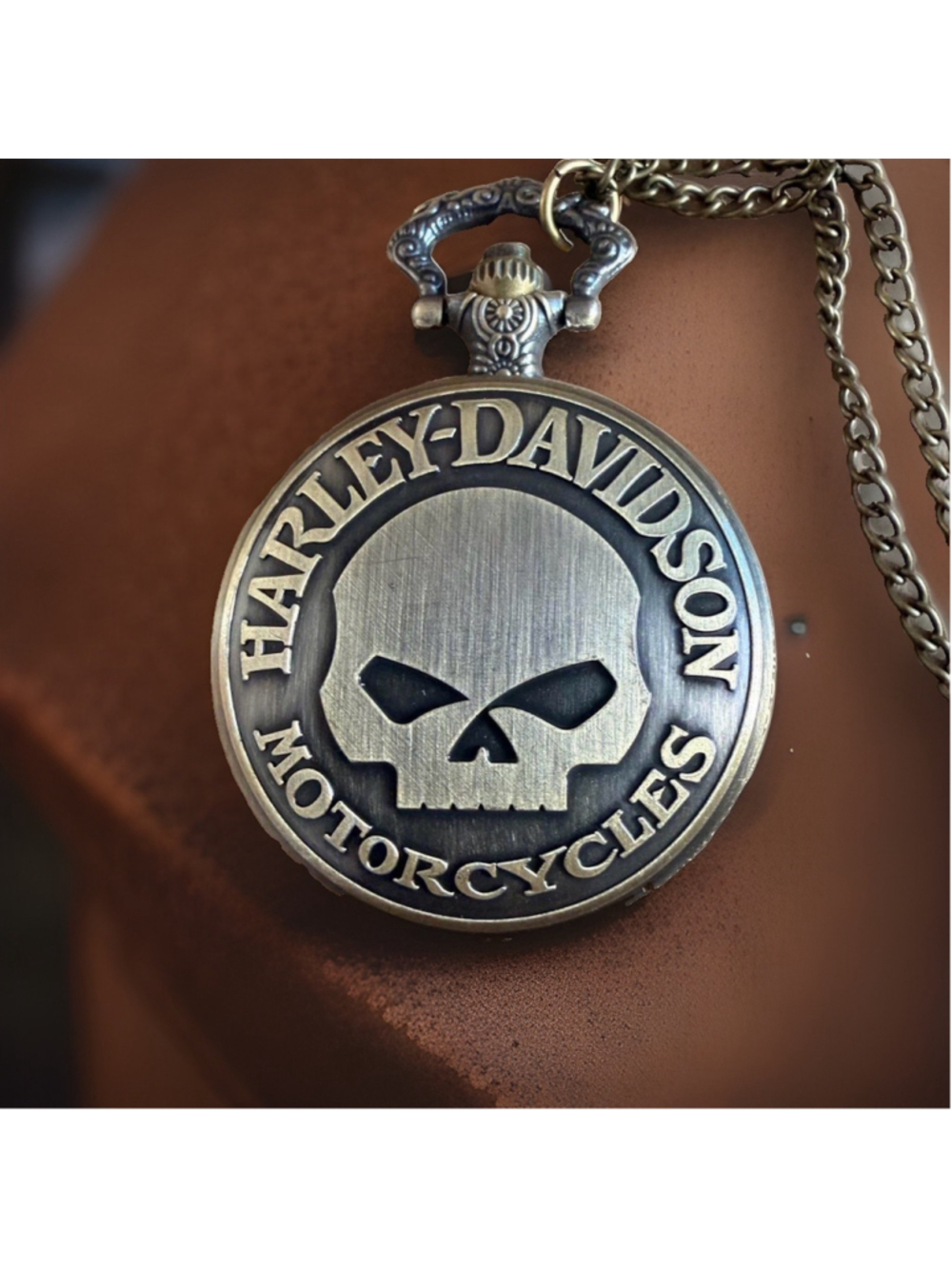 Harley Davidson Skull Pocket Watch+ Chain Battery Quartz Biker Style Antq Silver